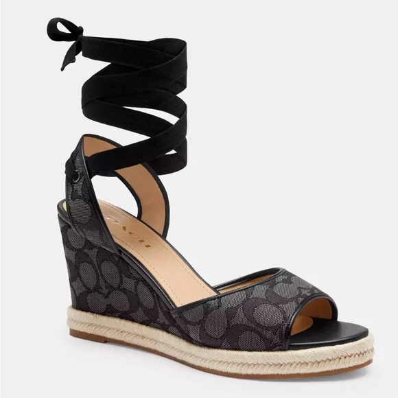 7.5B Coach Black Wedge Sandals Patrice Sig Espdrill Black/Smoke/Coal Box incl’d - Picture 11 of 14